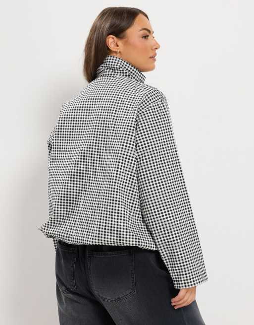 Yours Clothing Gingham funnel neck jacket in black, 4 of 5