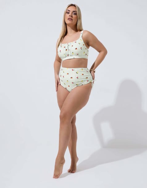 Yours Clothing Gingham super high waist bikini briefs in green - view 1