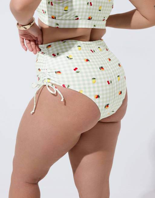 Yours Clothing Gingham super high waist bikini briefs in green, 3 of 4