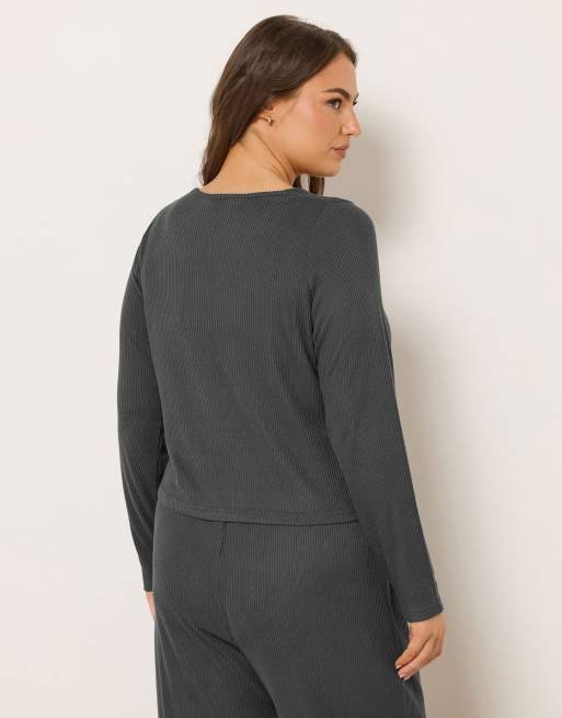 Yours Clothing Jersey ribbed cardigan in grey, 3 of 4