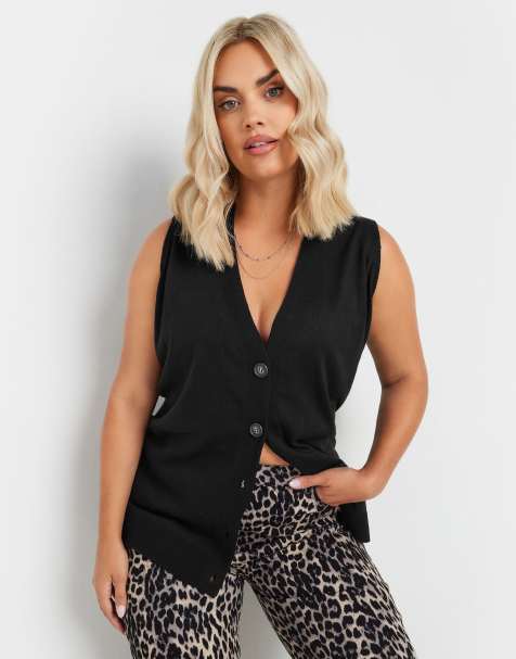 Yours Clothing Knitted button front vest top in black