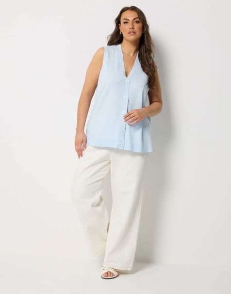 Yours Clothing Knitted button front vest top in blue - view 1