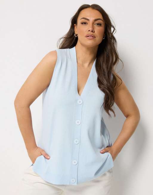 Yours Clothing Knitted button front vest top in blue, 4 of 4