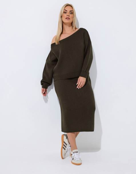 Yours Clothing Knitted midi skirt in brown