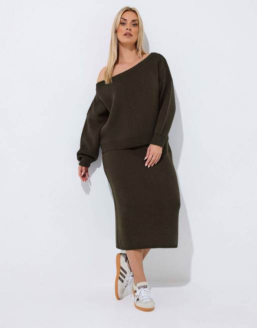 Yours Clothing Knitted midi skirt in brown, 5 of 5