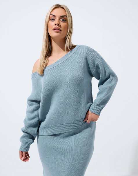 Yours Clothing Knitted off shoulder jumper in blue - view 1