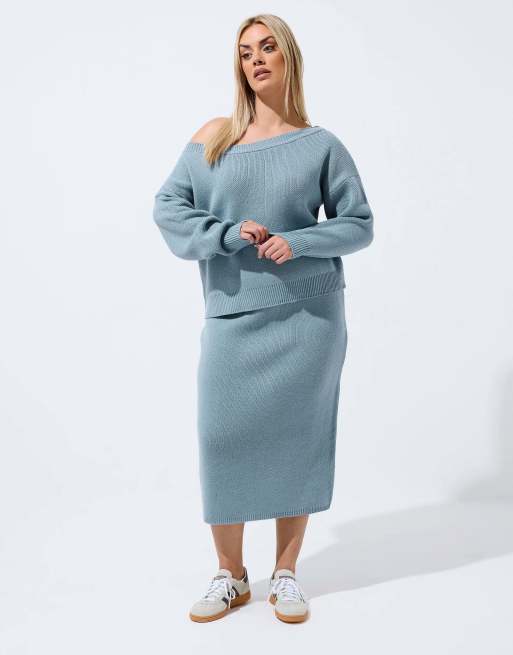 Yours Clothing Knitted off shoulder jumper in blue, 2 of 4