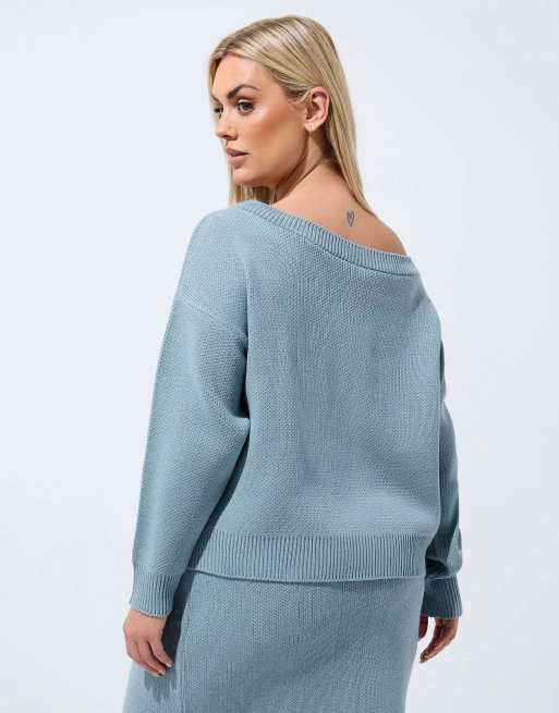 Yours Clothing Knitted off shoulder jumper in blue, 3 of 4