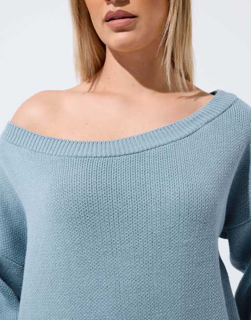 Yours Clothing Knitted off shoulder jumper in blue, 4 of 4
