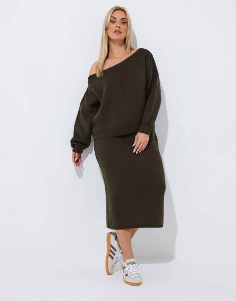 Yours Clothing Knitted off shoulder jumper in brown - view 1