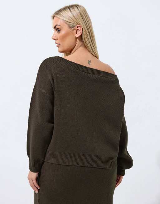 Yours Clothing Knitted off shoulder jumper in brown, 2 of 4