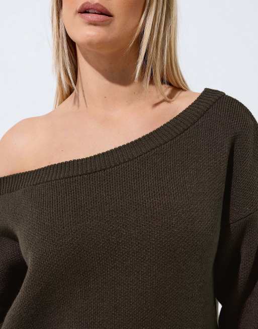 Yours Clothing Knitted off shoulder jumper in brown, 3 of 4