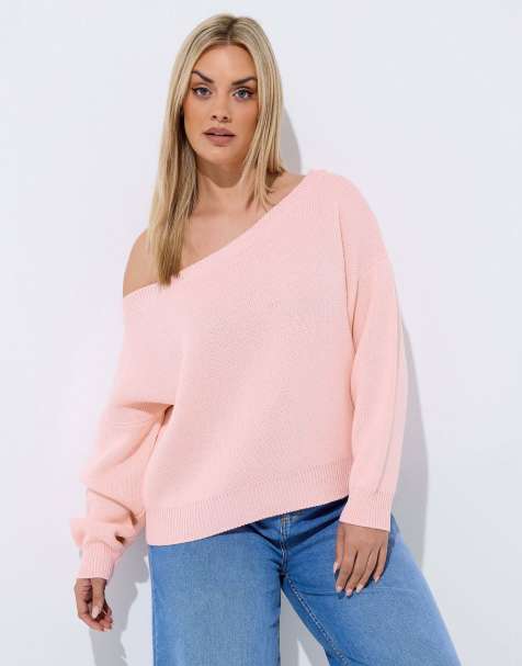 Yours Clothing Knitted off shoulder jumper in pink - view 1