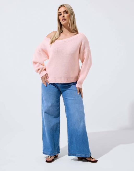 Yours Clothing Knitted off shoulder jumper in pink, 2 of 4