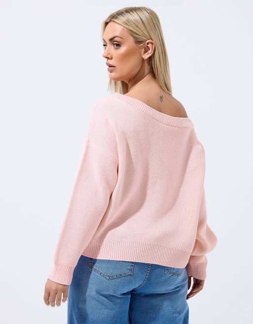 Yours Clothing Knitted off shoulder jumper in pink, 3 of 4