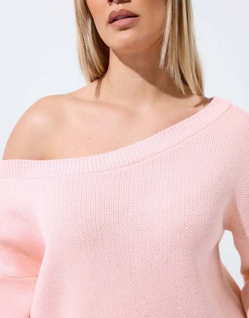 Yours Clothing Knitted off shoulder jumper in pink, 4 of 4
