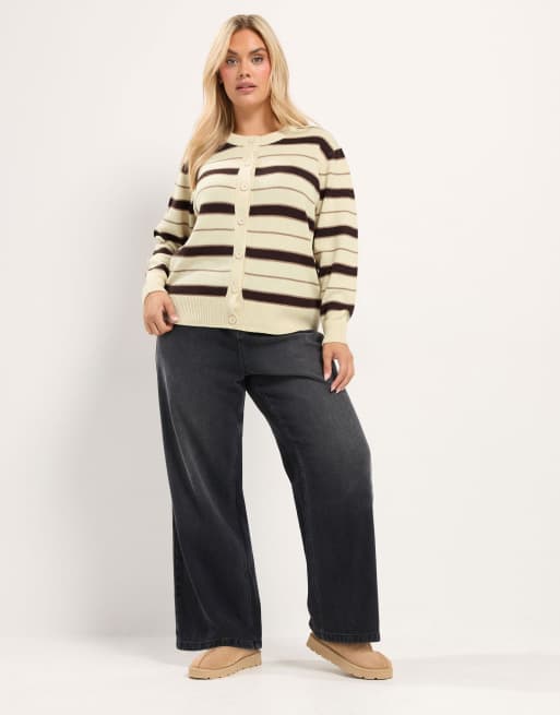 Yours Clothing Knitted stripe cardigan in natural, 2 of 4