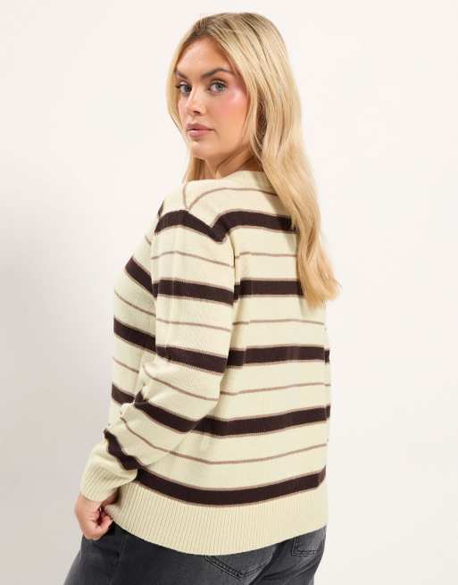 Yours Clothing Knitted stripe cardigan in natural, 3 of 4