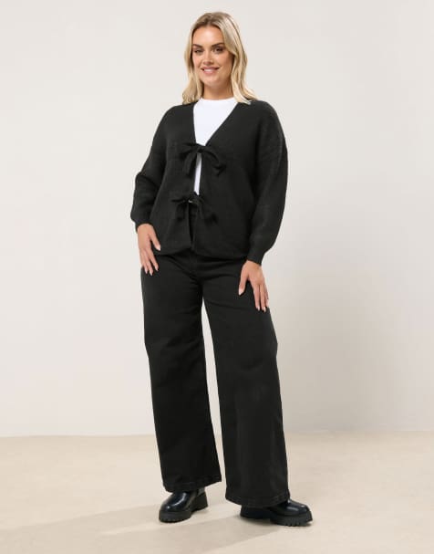 Yours Clothing Knitted tie front cardigan in black - view 1