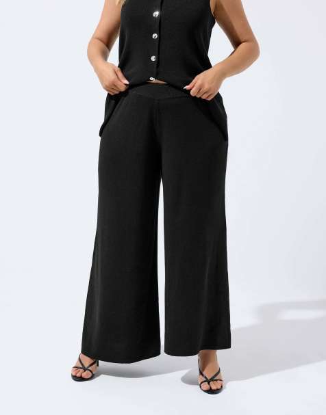 Yours Clothing Knitted wide leg trousers in black