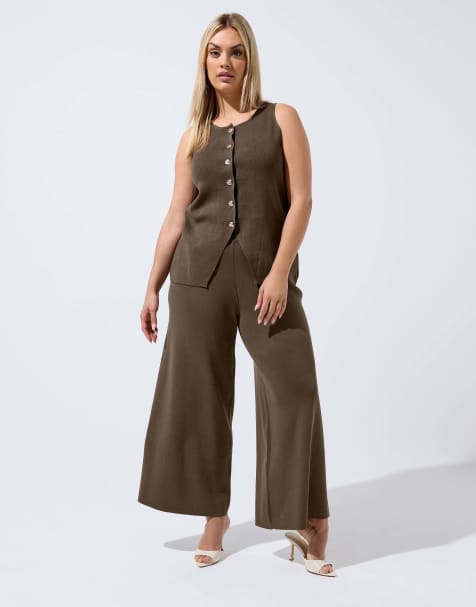 Yours Clothing Knitted wide leg trousers in brown