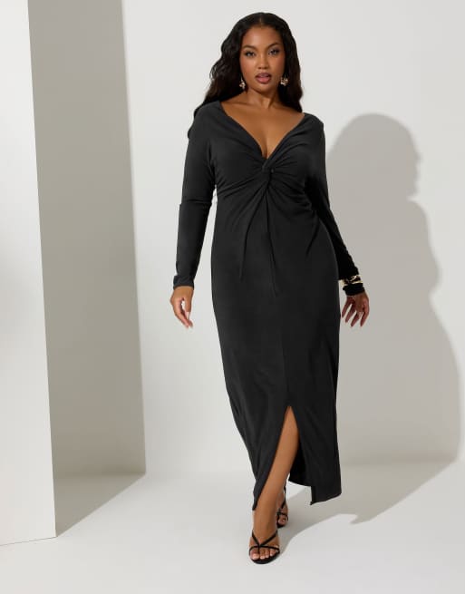 Yours Clothing Knot front maxi dress in black, 2 of 4