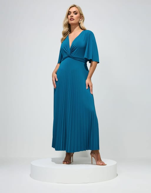 Yours Clothing Knot pleated maxi dress in blue, 3 of 3