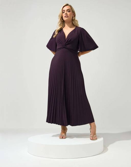 Yours Clothing Knot pleated maxi dress in brown, 3 of 4