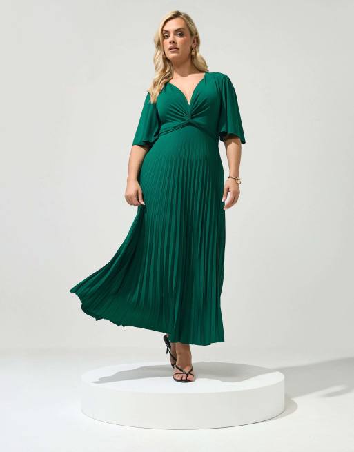 Yours Clothing Knot pleated maxi dress in green, 2 of 4