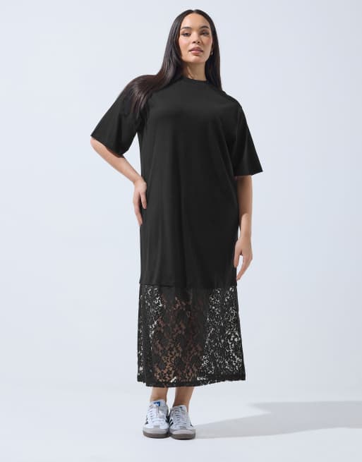 Yours Clothing Lace hem cotton maxi dress in black, 2 of 4