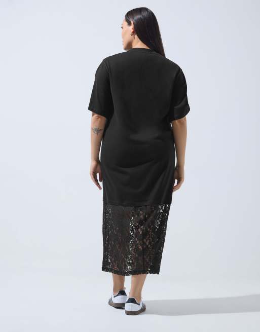 Yours Clothing Lace hem cotton maxi dress in black, 3 of 4