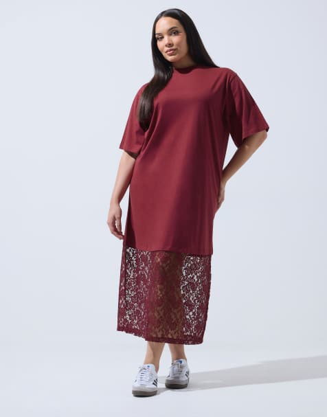 Yours Clothing Lace hem cotton maxi dress in red - view 1