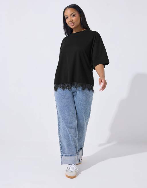 Yours Clothing Lace hem t-shirt in black, 4 of 4