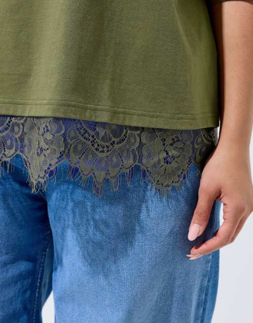 Yours Clothing Lace hem t-shirt in green, 4 of 4