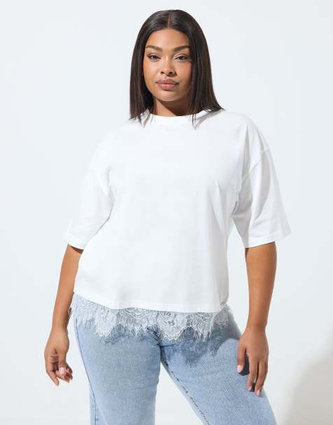 Yours Clothing Lace hem t-shirt in white - view 1