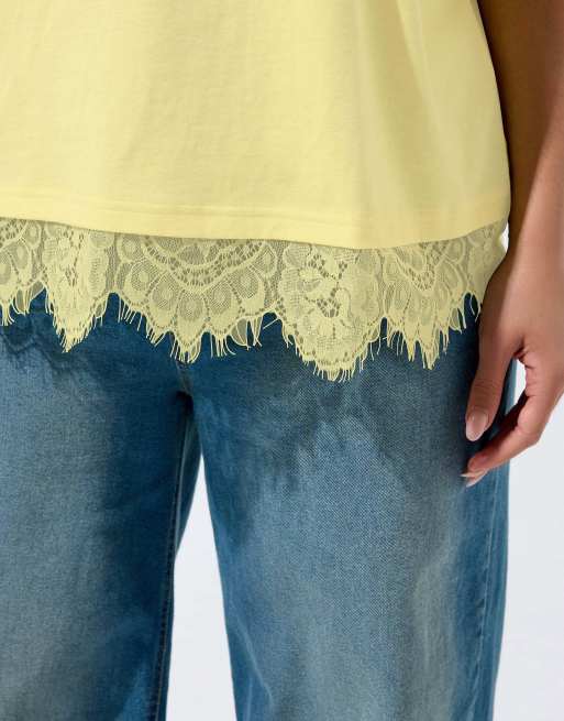 Yours Clothing Lace hem t-shirt in yellow, 4 of 4
