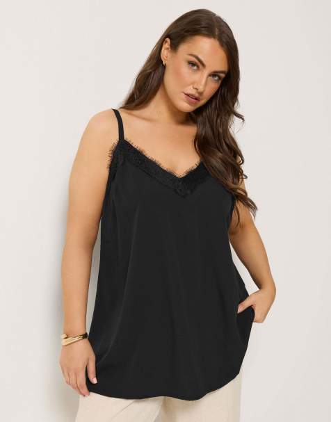Yours Clothing Lace insert cami vest top in black - view 1