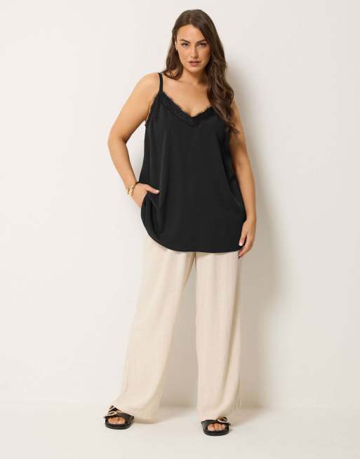 Yours Clothing Lace insert cami vest top in black, 2 of 4