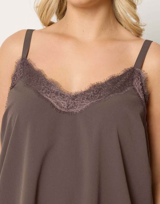 Yours Clothing Lace insert vest top in brown, 3 of 4