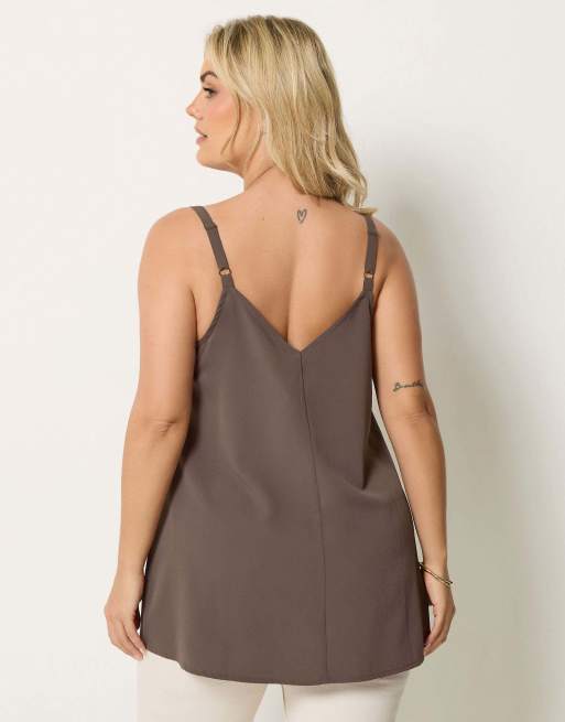 Yours Clothing Lace insert vest top in brown, 4 of 4