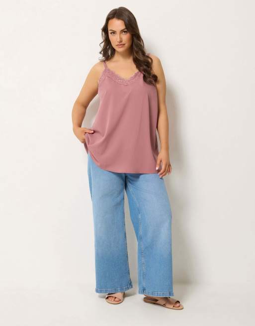 Yours Clothing Lace insert vest top in pink, 2 of 4