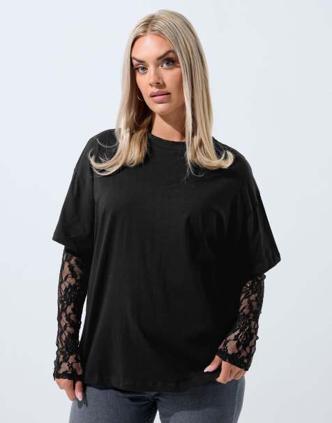 Yours Clothing Lace long sleeve t-shirt in black - view 1