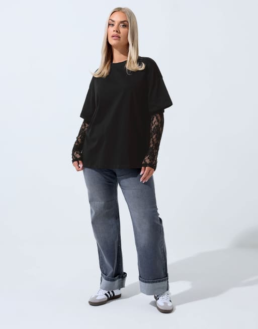 Yours Clothing Lace long sleeve t-shirt in black, 2 of 4