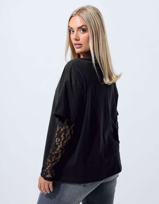 Yours Clothing Lace long sleeve t-shirt in black, 3 of 4