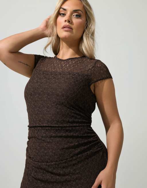Yours Clothing Lace maxi dress in brown, 4 of 4