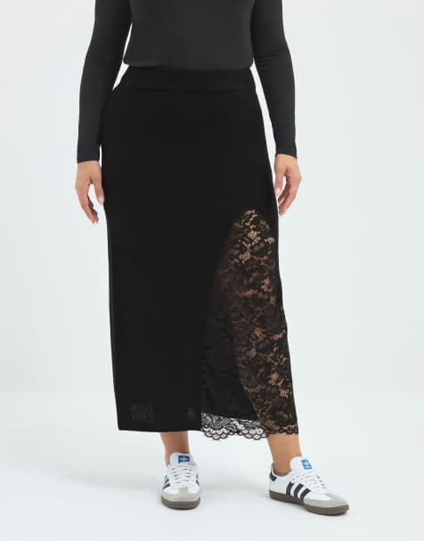 Yours Clothing Lace side split skirt in black - view 1
