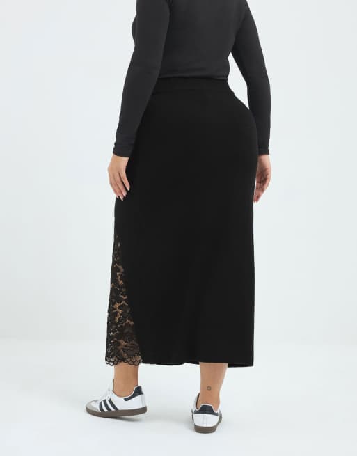 Yours Clothing Lace side split skirt in black, 3 of 4