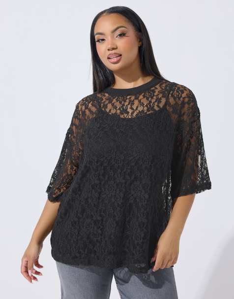 Yours Clothing Lace t-shirt in black - view 1