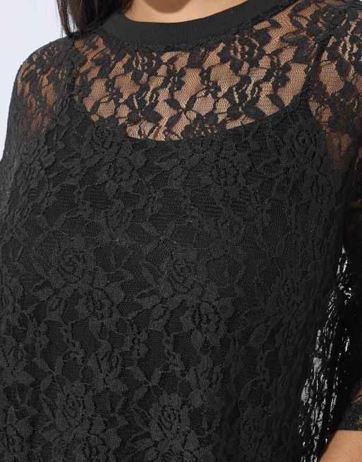 Yours Clothing Lace t-shirt in black, 2 of 4