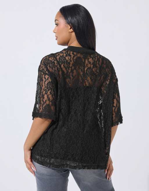 Yours Clothing Lace t-shirt in black, 3 of 4